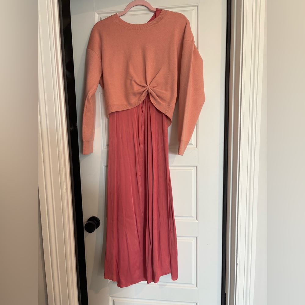 Anthropologie coral sweater/satin dress